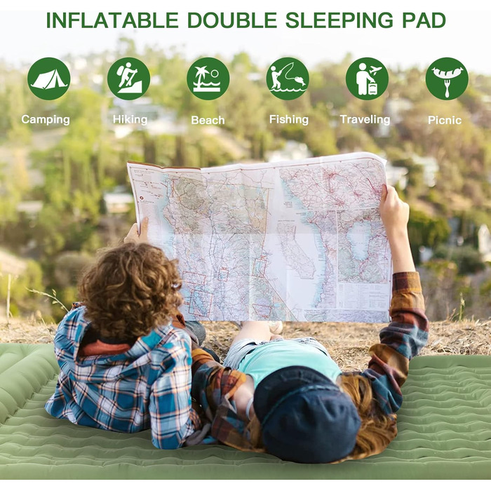 Килимок для сну для 2 осіб, для вулиці, 196 x 135 x 12 см. Килимок для сну/кемпінговий матрац із вбудованим ножним насосом та подушкою для походів, піших прогулянок, наметів та подорожей. Twin XL