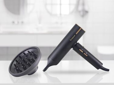 Безщітковий фен BEPER P301ASC010, 1800 Вт, 3 швидкості, 3 температурні режими, LED-індикатор температури, функція самоочищення сітки, чорний, з аксесуарами