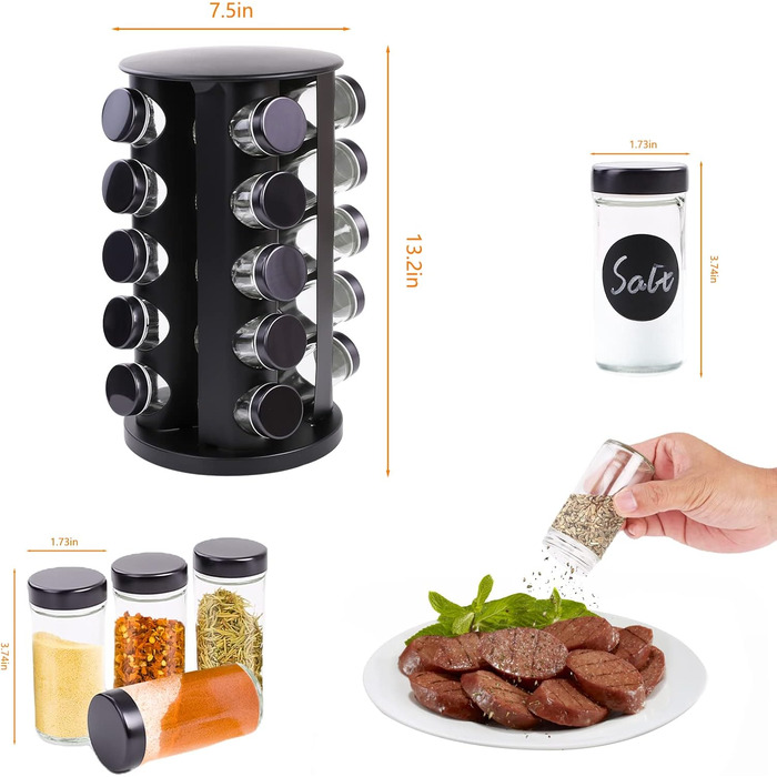 Поворотна на 360 підставка для спецій, чорна, органайзер для спецій, карусель для спецій з 20 банками для спецій, етикетками, ручкою, лійкою, кришками, підставками для спецій з нержавіючої сталі, зберігання спецій для кухонної стільниці