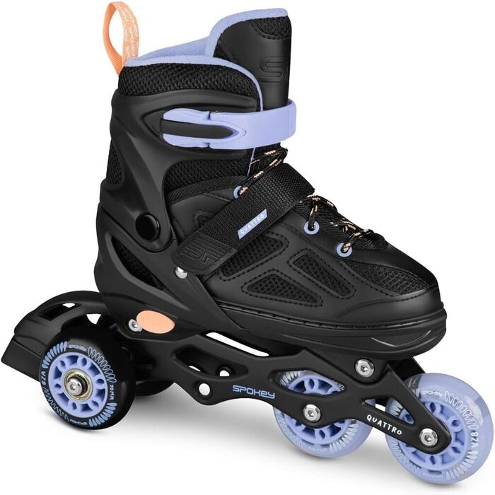 Набір SPOKEY Quattro 4-в-1 Роликові ковзани/Роликові ковзани/Трискейти/Ковзани для льоду, РЕГУЛЬОВАНІ для дітей та підлітків Роликові ковзани, що трансформуються в роликові Розміри 30-33, 34-37, 38-41 Чорний/Фіолетовий 38-41