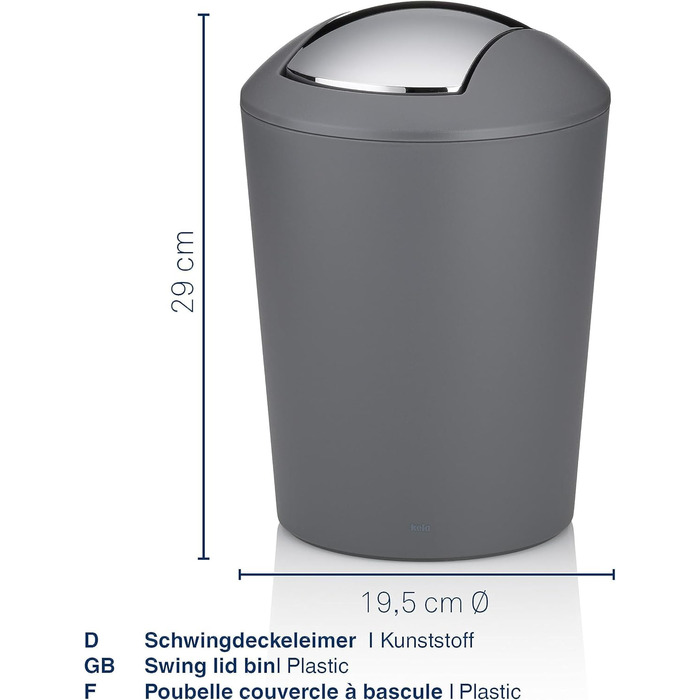 Сірий, відро для сміття з поворотною кришкою, відро для косметики 5 л з поворотною кришкою, пластик, MARTA, відро для сміття у ван