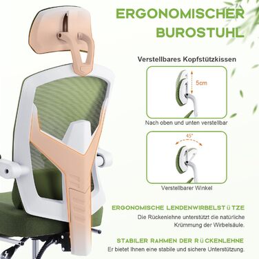 Ергономічне офісне крісло DUMOS - стілець зі зручними підлокітниками, оснащений зручною поперековою опорою та підставкою для ніг, підходить для дому та офісу (зелений)