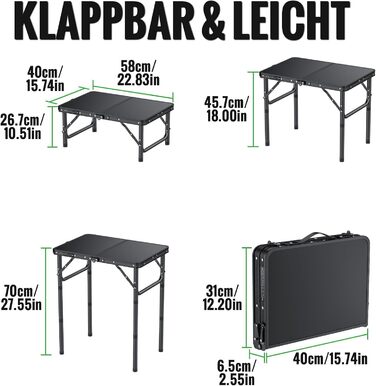 Складаний кемпінговий стіл GARLLEN, 58x40 см та 3 регульовані висоти (26/48/70 см), портативний бічний столик, стіл для барбекю, садовий стіл, стіл для пікніка для кемпінгу, пікніків та використання в саду (чорний) Чорний 58 x 40 x 26/48/70 см