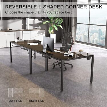 Ергономічний скляний ігровий стіл EUREKA зі світлодіодним підсвічуванням, кутовий ігровий стіл з RGB-підсвіткою 152x102 см, L-подібний великий комп&39ютерний стіл із синхронізацією музики, керуванням застосунками, гачком для навушників та підставкою для ч