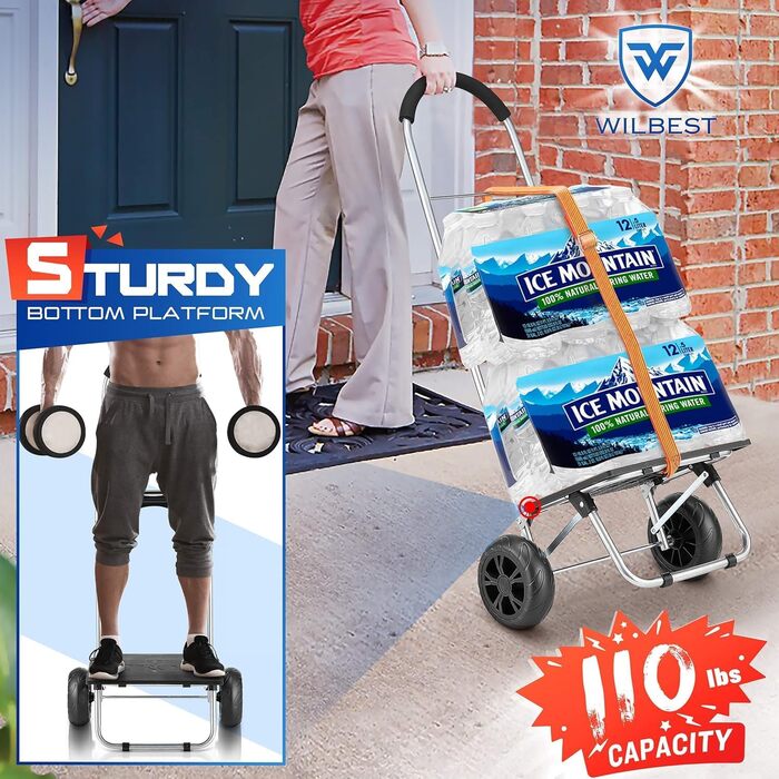 Складний візок для покупок, 75 л, 2-в-1, з 2 колесами, з рамою з нержавіючої сталі та знімною водонепроникною сумкою з брезенту (чорний)