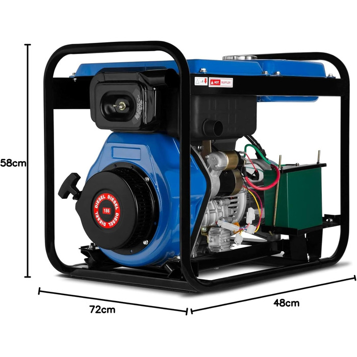 Дизельний аварійний генератор EBERTH потужністю 5000 Вт, генератор з дизельним двигуном потужністю 10 к.с., 4-тактний, електричний запуск, 3-фазний, 400 В, 230 В, 12 В, автоматичний регулятор напруги (AVR), захист від низького рівня оливи, 3-фазний (400 В