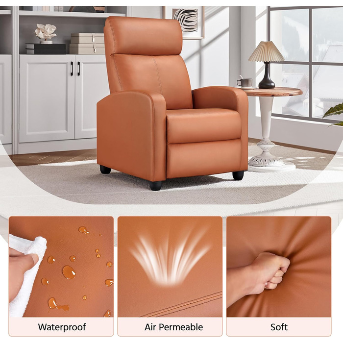 Крісло-реклайнер Yaheetech Recliner для телевізора з функцією відкидання, м&39яке крісло зі штучної шкіри, регульоване одномісне крісло-реклайнер для вітальні, спальні, домашнього кінотеатру, помаранчевої штучної шкіри