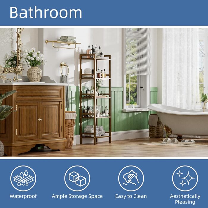 Бамбукова полиця для ванної кімнати HITNET, 5-рівнева книжкова полиця, полиця для ванної кімнати, окремостояча вузька висока полиця з регульованими полицями, компактна полиця для зберігання речей для домашнього офісу, горіх