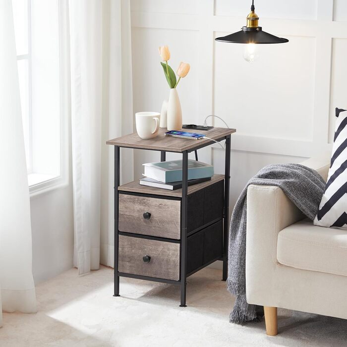 Вузький бічний столик HOOBRO із зарядною станцією, тумбочка з 2 флісовими шухлядами, компактний бічний столик, для невеликих приміщень, спалень, сіро-чорний EBG486CBZ01 сірий чорний