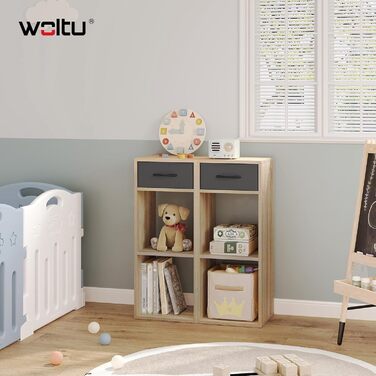 Книжкова полиця WOLTU на 3 рівні, окремостояча полиця з 1 шухлядою для тканини та 2 кубами, відкрита полиця, невелика полиця для зберігання, для вітальні, спальні, дитячої кімнати, 32,4 x 80 x 30 см, світлий дуб, SK055hei