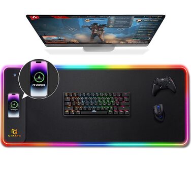 Килимок для миші Gimars Upgrade Gaming RGB, бездротова швидка зарядка 15 Вт, 800x300x5 мм, XXL килимок для миші з 10 кольорами світлодіодного підсвічування, великий світлодіодний килимок для миші, ігровий аксесуар з гладкою поверхнею, нековзна гумова осно
