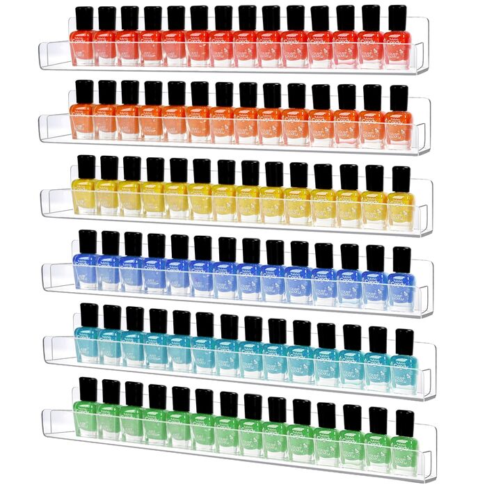 Настінна полиця для акрилового лаку для нігтів з 6 предметів, стійка для фарб, настінна косметична вітрина з протиковзкими вставками, на 90 флаконів (15 дюймів)