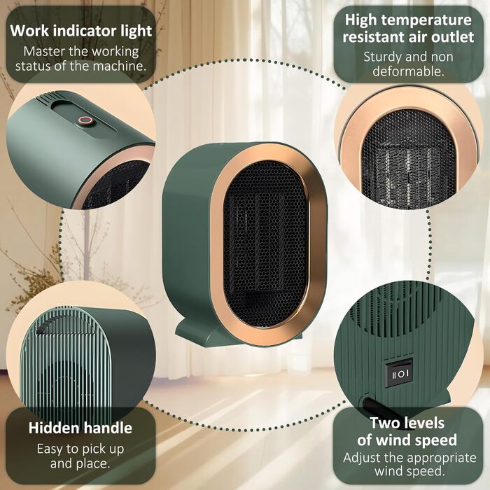 Портативний електричний обігрівач, енергозберігаючий та тихий, для ванних кімнат, невеликий електричний обігрівач, енергоефективний вентилятор-обігрівач із захистом від перегріву та перекидання, для офісу, дому, гуртожитку (зелений)