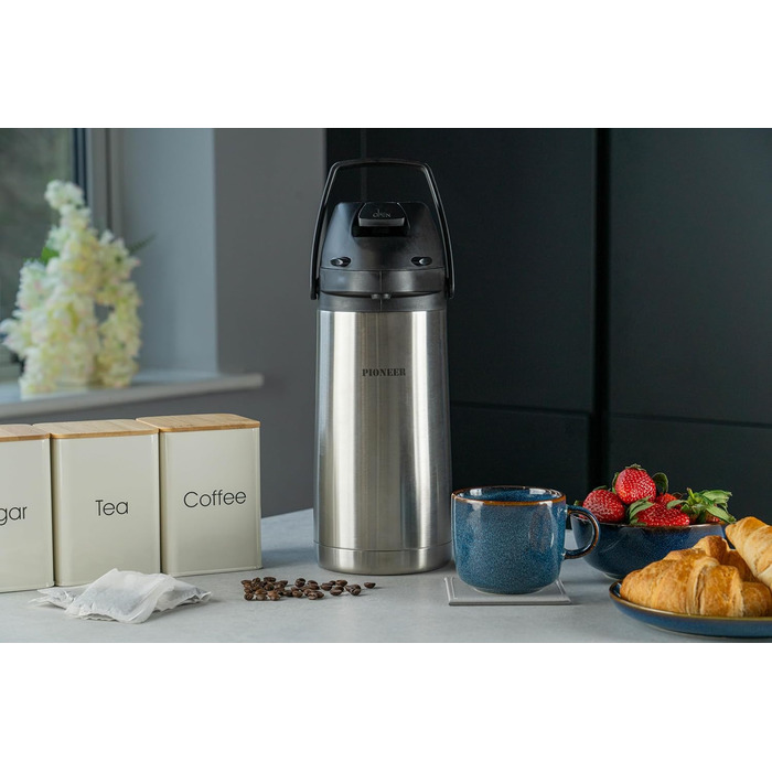 Термос Pioneer Flasks Airpot з нержавіючої сталі з важелем, пляшка для гарячої та холодної води, для чаю, кави, для конференцій, подій, 1,9 літра, сріблястий (SS19HC)