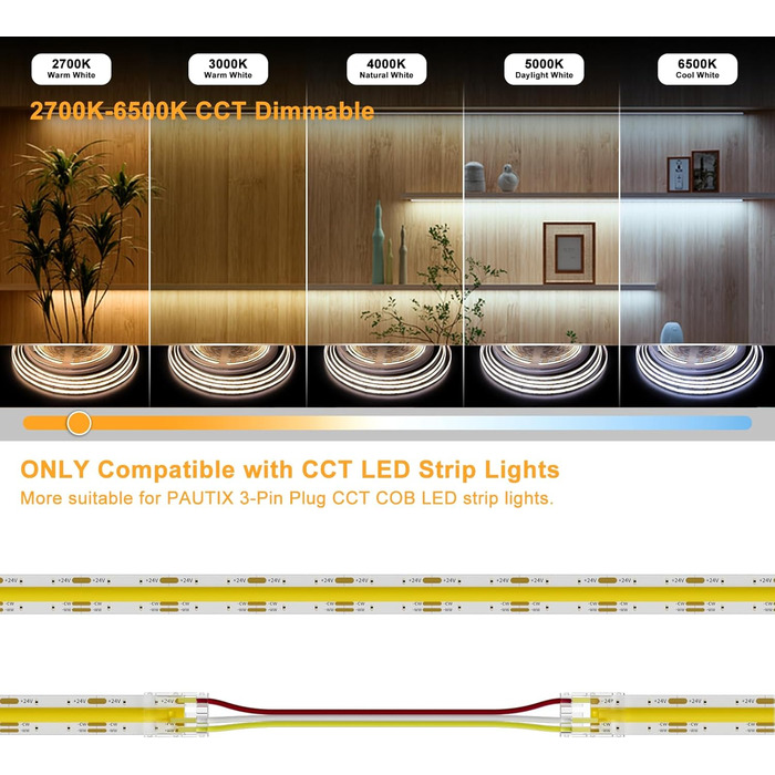 Світлодіодна стрічка PAUTIX COB CCT Теплий білий Холодний білий, 10 М з можливістю затемнення 2700K-6500K з інтелектуальним керуванням додатком 6400 світлодіодів Набір світлодіодних стрічок 24 В із блоком живлення, CRI93 Супер яскравий для кухні Телевізор