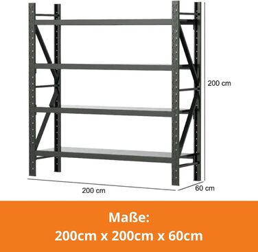 Надміцний стелаж/Стелаж для шин 200x60x200 см Вантажопідйомність 300 кг на полицю Металевий стелаж для зберігання Стелаж для підвалу/гаража 4 знімні полиці, чорний