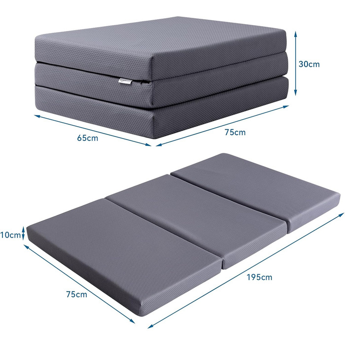 Складаний матрац для гостей з піни з ефектом пам&39яті з чохлом, середньої жорсткості, 75 x 195 x 10 см, сірий Матрац 75 x 195 x 10 см з чохлом