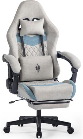 Ігрове крісло з підставкою для ніг, тканинне ігрове крісло, офісне крісло з поперековою опорою, ергономічне ігрове крісло, ігрове крісло вантажопідйомністю 150 кг, ігрове крісло з регульованими підлокітниками, сірий