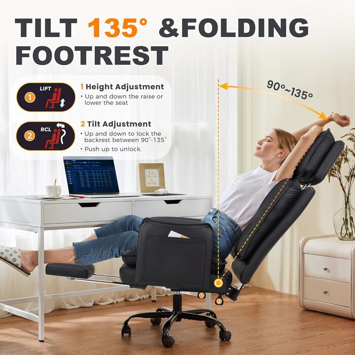 Ергономічне офісне крісло IWMH 227 кг, крісло керівника XXL зі штучної шкіри з підставкою для ніг, письмове крісло з регульованим по висоті підголівником, функція нахилу 135, поворотне крісло для домашнього офісу, ігрове (чорне)