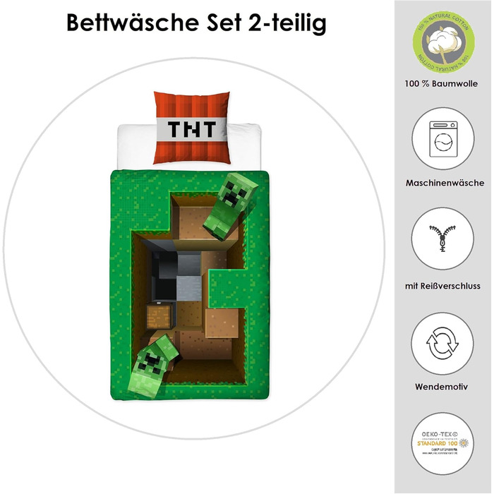 Комплект постільної білизни для хлопчиків Minecraft - дитяча постільна білизна 135x200 80x80 см з 100 бавовни - зелений 3D-мотив з
