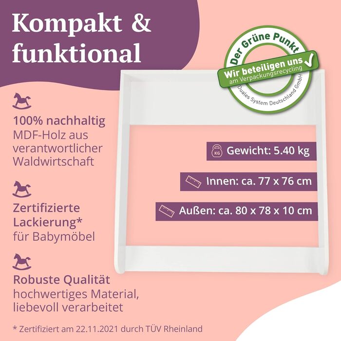 Пеленальний килимок преміум-класу, сумісний з комодами IKEA Malm тощо. 80x78x10 см пеленальний матрацик з білого дерева МДФ високо