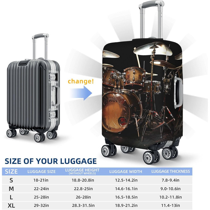 Чохол для валізи з принтом Барабанний ритм, еластичний, з прихованою блискавкою універсальний захист для подорожей та ділових поїздок, чорний, розмір S (для валіз 18-21 дюймів)