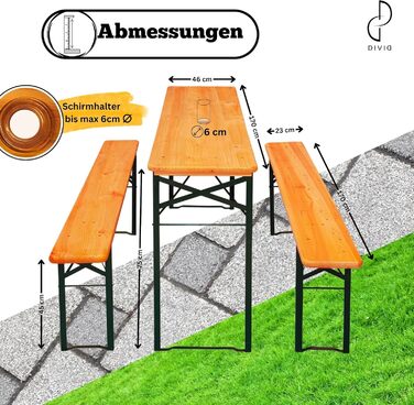 Комплект пивних наметів DIVID, 3-елементний, складаний та портативний, комплект пивних наметів, 2 лавки та 1 стіл, тримач для парасольки, дерев&39яний, комплект сидінь, пивний стіл, 170x46x75, комплект садових меблів