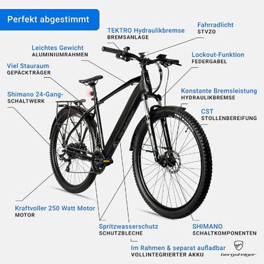 Електровелосипед Bergsteiger Cannock 26/27,5/29 дюймів з двигуном 250 Вт, гідравлічними гальмами, алюмінієвий гірський електровелосипед для чоловіків та жінок, кольоровий дисплей, електричний велосипед з 24-швидкісними передачами, 29-дюймові колеса акумул