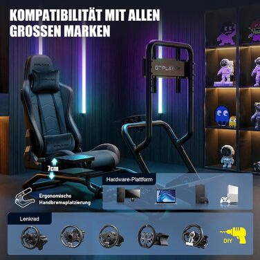Кабіна симулятора GTPLAYER, підставка для керма для гоночного симулятора з 3D-стереодинаміками, кріпленням для монітора, регульованим кріпленням для керма, кріпленням для перемикання передач та педалями (чорна)