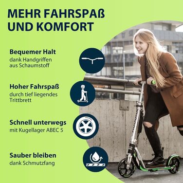 Самокат HUDORA BigWheel 205 стабільний алюмінієвий міський самокат, складаний, з регулюванням висоти та підніжкою, для дітей та дорослих (до 100 кг), сіро-зелений