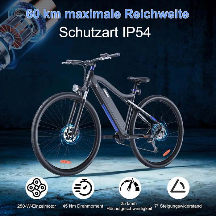 Електровелосипед M920 27,5 дюйма для дорослих 9-швидкісний електровелосипед зі змінним акумулятором 36 В 13 Аг, двигуном 250 Вт, швидкістю 25 км/год та запасом ходу до 60 км. Синій.