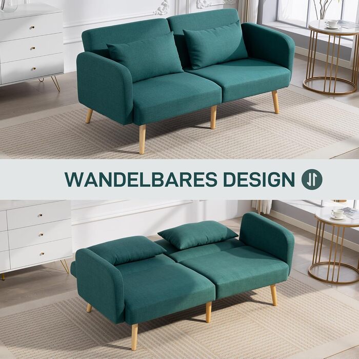 Диван-ліжко HOMCOM, 3-місний диван з функцією ліжка, 2 подушки, м&39який диван з регульованим підлокітником, лляний вигляд, для вітальні, спальні, 170 x 83 x 80 см, зелений