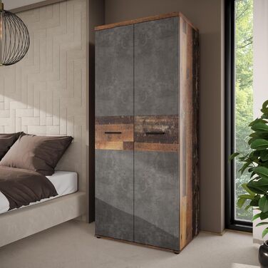 Гардероб Forte Winnie 80, рустикальна шафа з орними дверима, 2-дверна, полиці, простора, декор Old Wood Vintage під дерево/імітація бетону темно-сірий, 79,9 см завширшки x 189 см заввишки x 53,7 см темно-коричневий/сірий