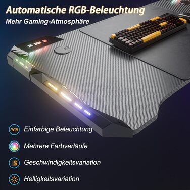 Ігровий стіл Ергономічний ігровий стіл зі світлодіодним підсвічуванням Чорний ігровий ПК стіл з вуглецевого волокна з підсклянником та гачком для навушників 140 x 60 x 73 см M ніжки 140 x 60 x 73 см M ніжки - зі світлодіодним підсвічуванням