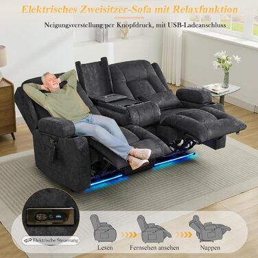 Двомісний крісло-реклайнер з функцією відкидання спинки, електрично регульоване крісло для телевізора з підігрівом та вібромасажем, крісло для домашнього кінотеатру з мультимедійною центральною консоллю, оксамит, сірий. Сірий двомісний крісло з консоллю