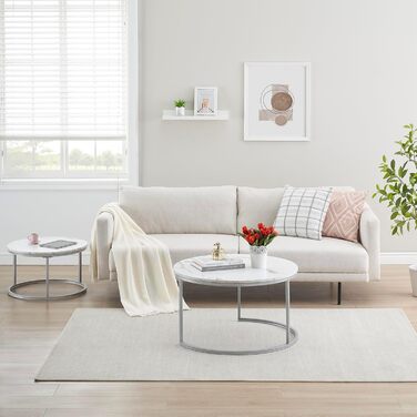 Круглий журнальний столик з мармуру Hitsuki, білий столик для вітальні, комплект із 2 круглих журнальних столиків, срібний бічний столик з металевим каркасом, столик для вітальні, білий мармур та срібний журнальний столик