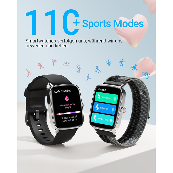 Розумний годинник для чоловіків та жінок з функцією телефону, фітнес-годинник 1,85 дюйма, понад 100 спортивних режимів, фітнес-трекер з моніторингом серцевого ритму/SpO2/сну, крокомір, водонепроникний спортивний годинник IP68 для iOS та Android, чорний