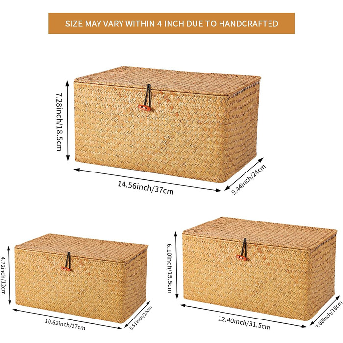 Коробка для зберігання FEILANDUO з 3 предметів з кришкою, плетений кошик для косметики з морських водоростей, кошик-органайзер для робочого столу та вітальні (великий, натуральний)