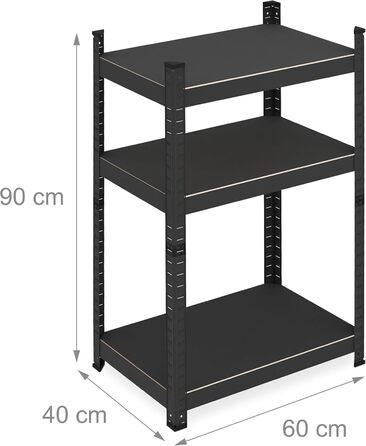 Міцний стелаж Relaxdays, ВxШxГ 90x60x40 см, 3 полиці, сталь, чорний Стелаж для зберігання в підвалі, гаражі, вантажопідйомність 750 кг, вставний монтаж