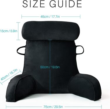 Подушка для читання - Оксамитова подушка для читання для сидіння в ліжку, для дорослих, подушка для спини для сидіння в ліжку з круглою подушкою, подушка для спини та підлокітників з підлокітником та кишенею та чохлом, що прається, чорна