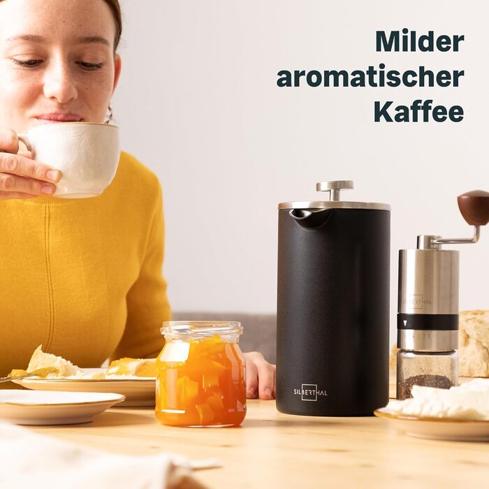 Френч-прес SILBERTHAL Thermo 1 літр - Кавоварка з нержавіючої сталі - Ізольований кавоварський прес з подвійними стінками - ідеально підходить для кемпінгу, чорний