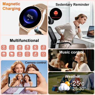 Жіночий смарт-годинник із функцією телефону, 1,32-дюймовий AMOLED смарт-годинник, монітор серцевого ритму, SpO2, крокомір для сну, фітнес-трекер із 120 спортивними режимами, водонепроникний фітнес-годинник IP68 для iOS та Android, золотистий колір M