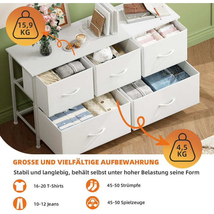 Комод Somdot, Тканинний комод, Комод для спальні, вітальні, коридору, Комод, Шафа для зберігання, 5 тканинних шухляд, Біла шкіра, 30Г x 100Ш x 55В см (5 шухляд)