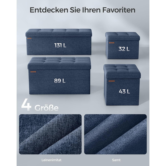 Пуф для зберігання SONGMICS, Складана лавка, Пуф для ніг 38 x 76 x 38 см, Коробка для зберігання, Вантажопідйомність до 300 кг, для вітальні, спальні, коридору, Темно-синій SPF 47IN 76B см Темно-синій