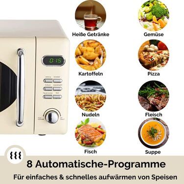 Мікрохвильова піч Wolkenstein Retro Stand WMW720 I 700 Вт Потужність мікрохвильової печі I 20 л Варильний простір i5 Рівні продуктивності I 8 програм приготування Функція розморожування I Металевий корпус I Поворотний стіл (24,5 см) I Світлодіодний диспле