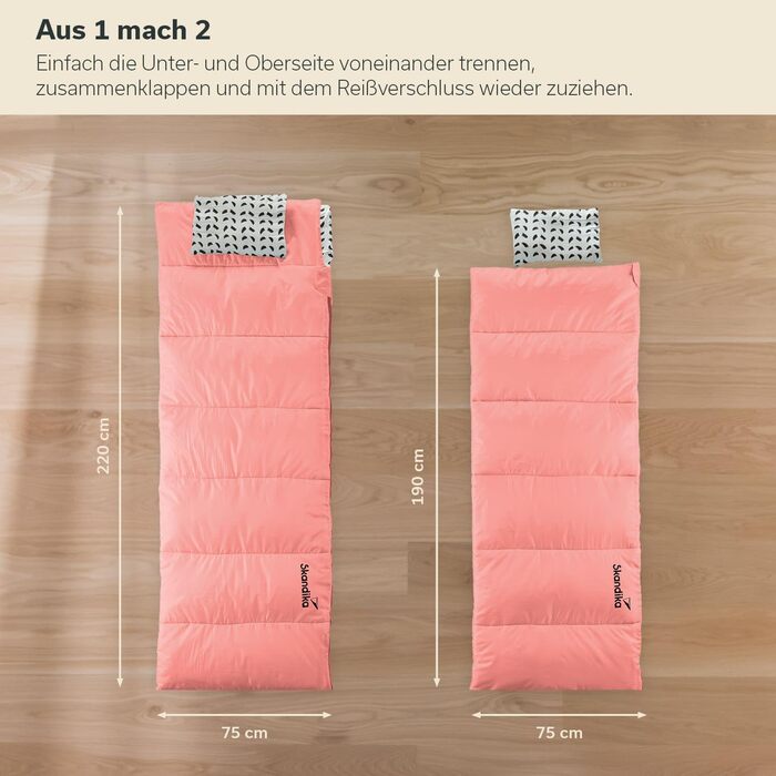 Подвійний спальний мішок Skandika Iceland Спальний мішок для 2 осіб, 3 сезони, з фланеллю/без неї, бавовна, подушка, 220 x 150 см, можна використовувати як одинарний спальний мішок Спальний мішок-ковдра, сімейний спальний мішок, лосось