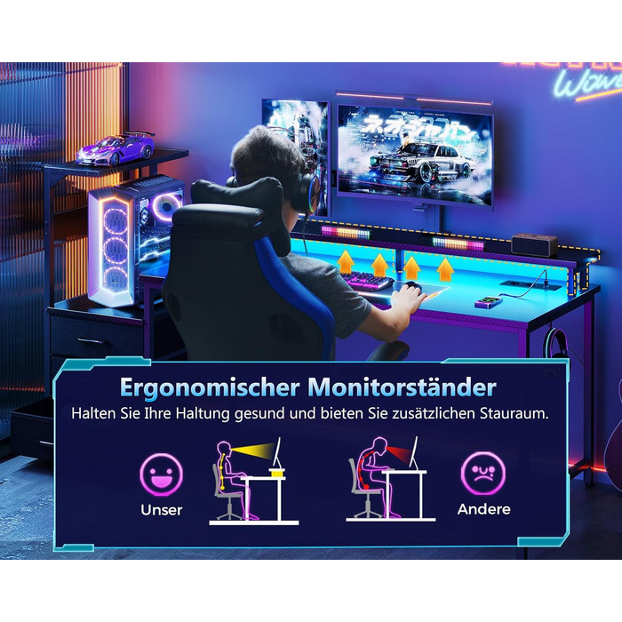 Ігровий стіл Coleshome з шухлядами, 15150 см, ігровий стіл зі світлодіодним освітленням та розеткою, комп&39ютерний стіл з полицями та підставкою для монітора, чорний колір з вуглецевого волокна