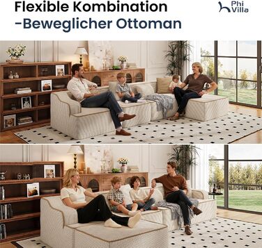 Кутовий диван PHI VILLA зі сном, Cloud, безкістковий диван, 5-місний L-подібний модульний диван для вітальні, вельвет, не потребує складання, бежевий, 5-місний, бежевий