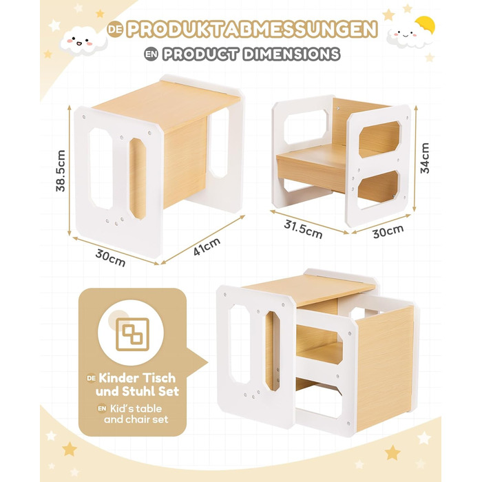 Комплект столу та стільців Yorbay для дітей, Дитячий стіл з 1 стільцем, Комплект дитячих сидінь 3-в-1 - Двосторонній стілець та дитяча лавка, що трансформується в робочу станцію, Дитячі меблі (Натуральний, M) Натуральний середній