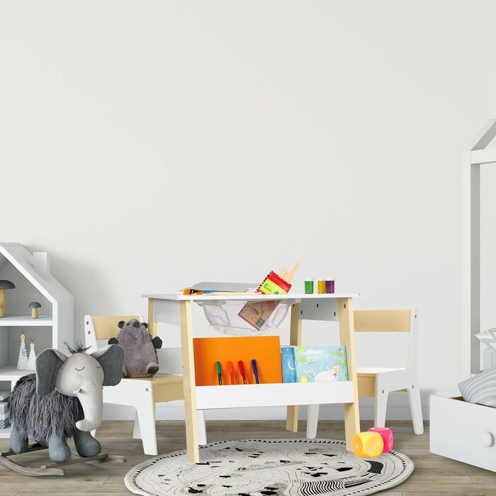 Дитячий комплект сидіння Relaxdays, дитячий стіл з 2 стільцями, з місцем для зберігання, для хлопчиків та дівчаток, дитячий куточок для сидіння, білий/бежевий